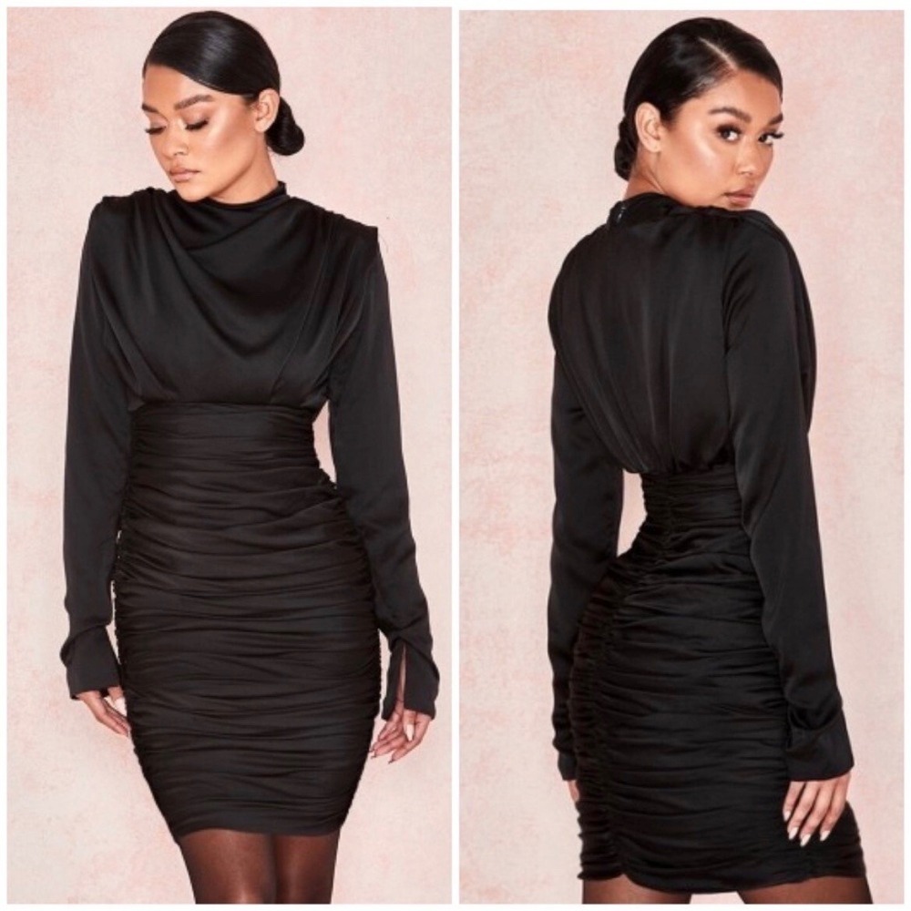 House of CB London Giorgiana Ruched Long Sleeve Satin Mini Dress Black Size XS